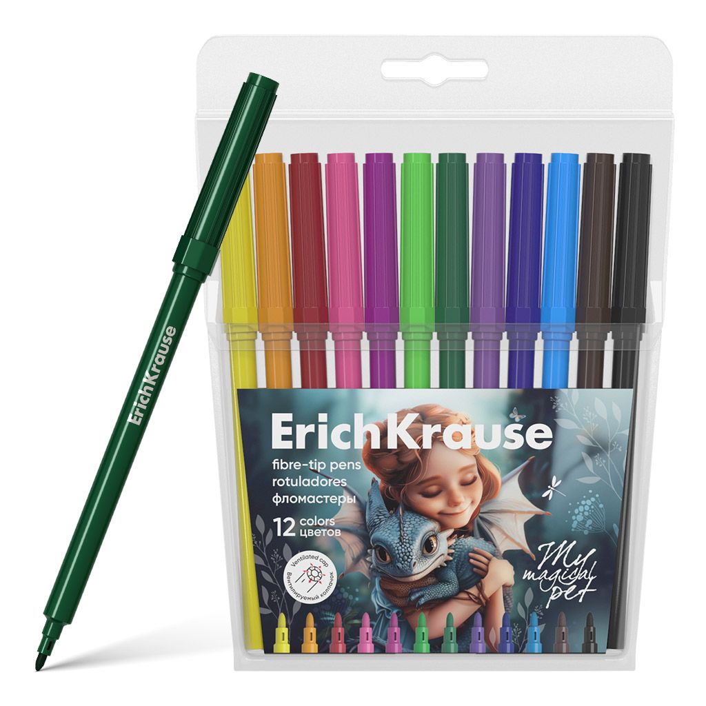 Фломастеры ErichKrause Magic Pet, 12 цветов (в футляре с европодвесом 12 шт)