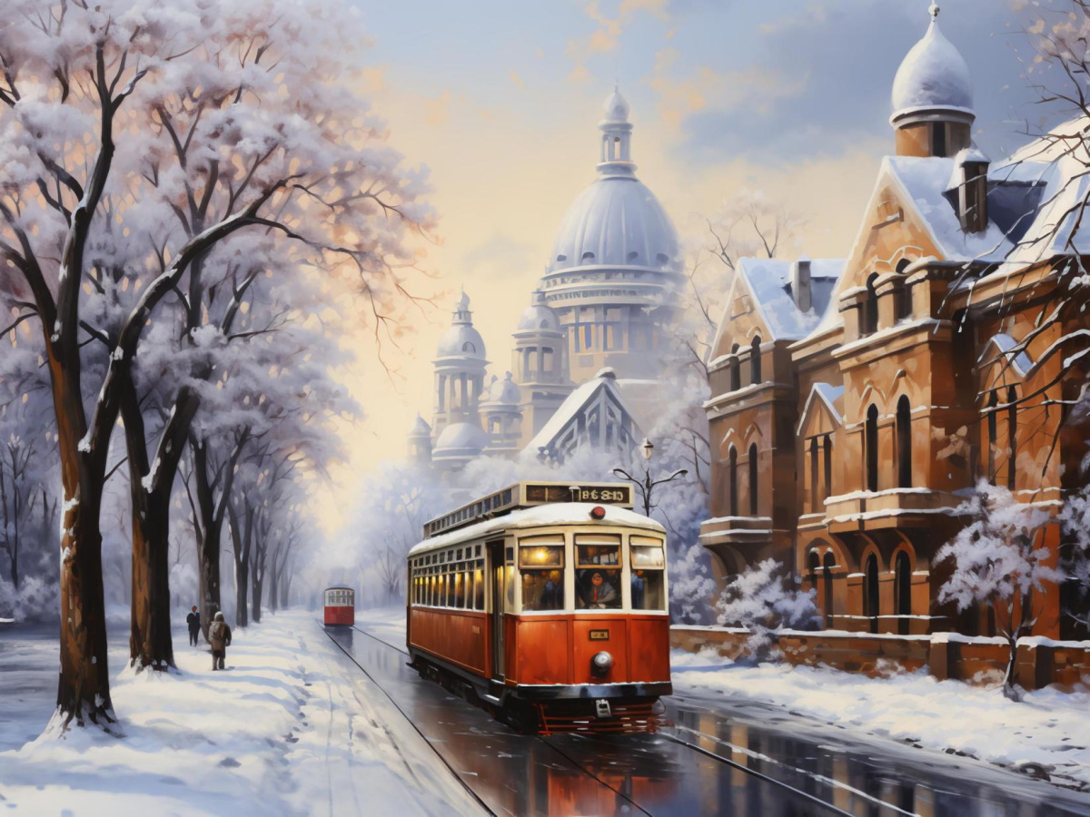 Мозаика алмазная по номерам на холсте 30*40см "Зимний трамвай" б/подрам.