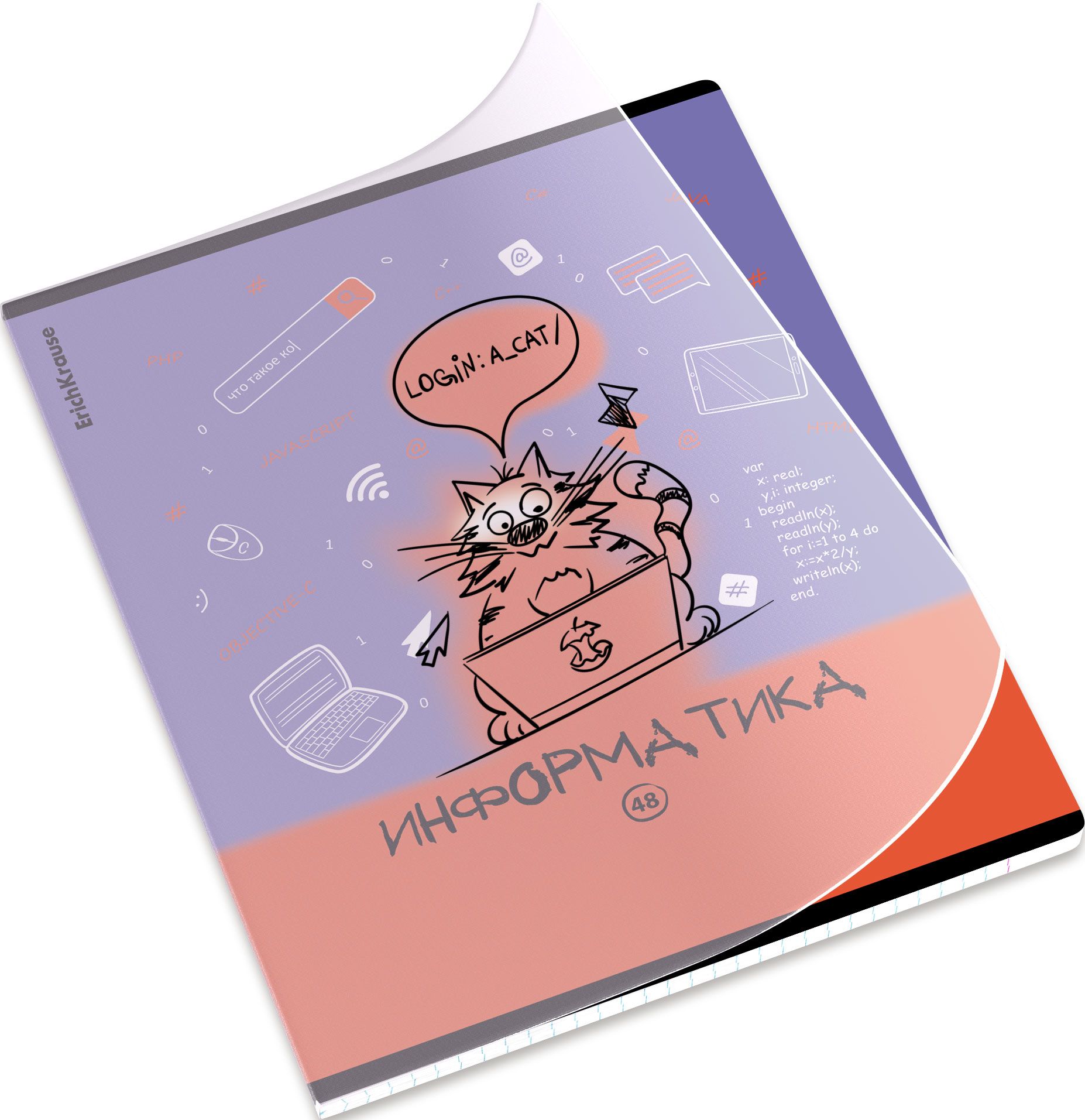 Тетрадь общая ученическая с пластиковой обложкой на скобе ErichKrause Котоформулы, Информатика, 48 листов, клетка