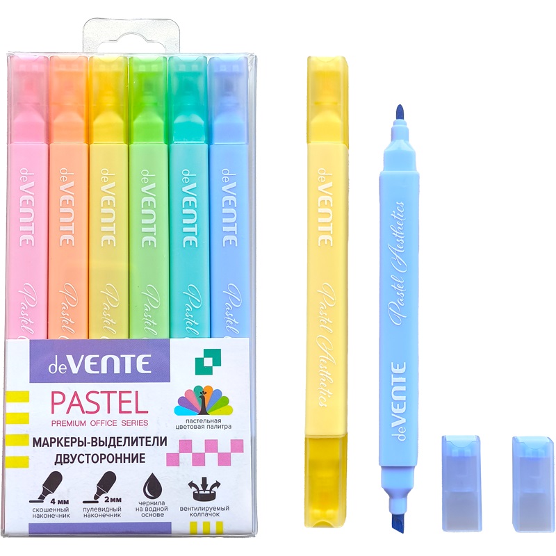 Набор текстовыделителей deVENTE Pastel 6 цв., 1-4мм, пастельные цвета, пулевидные