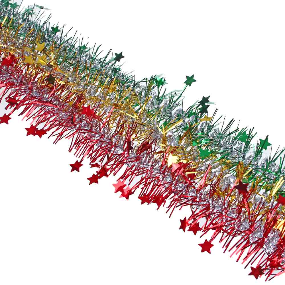 Мишура d=6см, 2м, ПВХ, двухцветная с декором Зевезды, ассорти