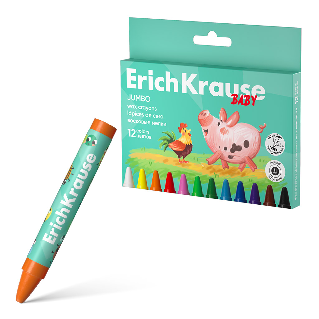 Восковые мелки ErichKrause Baby Jumbo утолщенные круглые, 11 мм, 12 цветов (в коробке с европодвесом 12 шт)
