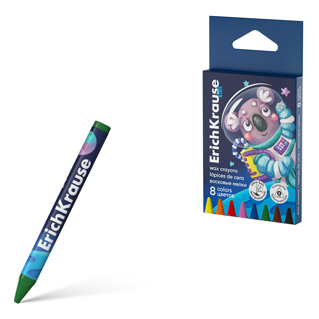 Восковые мелки ErichKrause Kids Space Animals трехгранные, 8 мм, 8 цветов (в коробке с европодвесом 8 шт)
