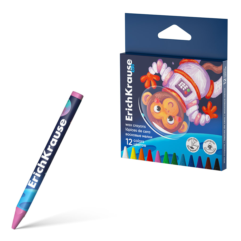 Восковые мелки ErichKrause Kids Space Animals трехгранные, 8 мм, 12 цветов (в коробке с европодвесом 12 шт)