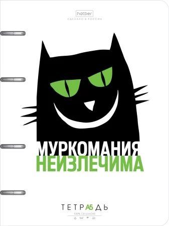 Тетрадь А5  80л кл. на кольцах Hatber "Муркомания неизлечима. Проект Капланопис" мат.лам., резинка