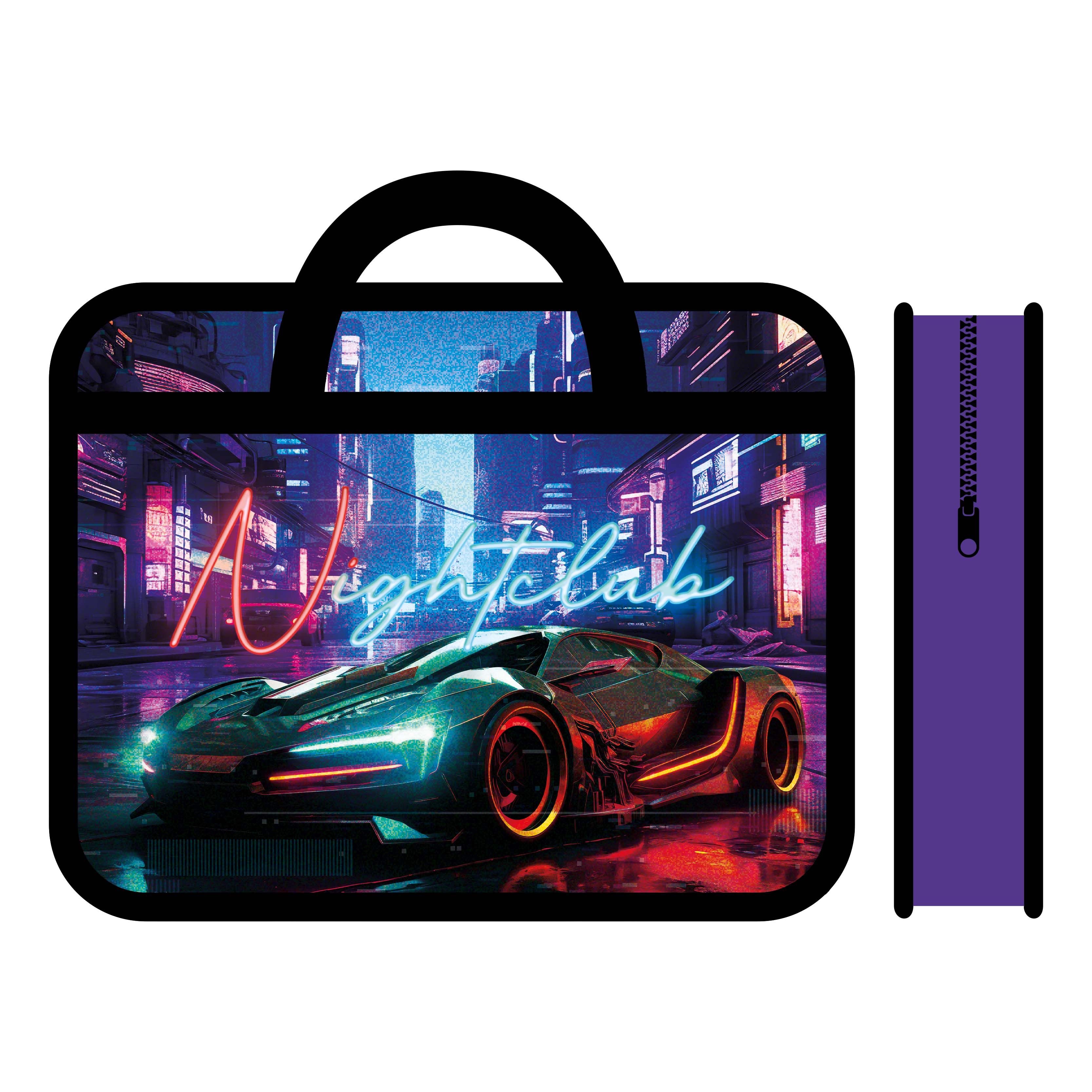 Папка А4 (330*260*75) с ручками, молния, пластик "Night auto"