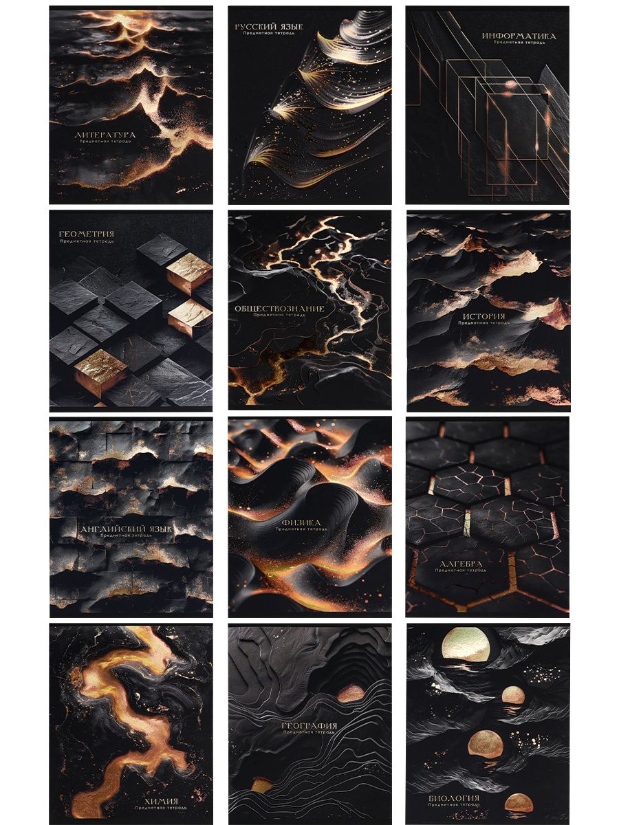 Комплект предметных тетрадей "Black and gold" 12 шт в упаковке, 48л., софт-тач, выб.лак.