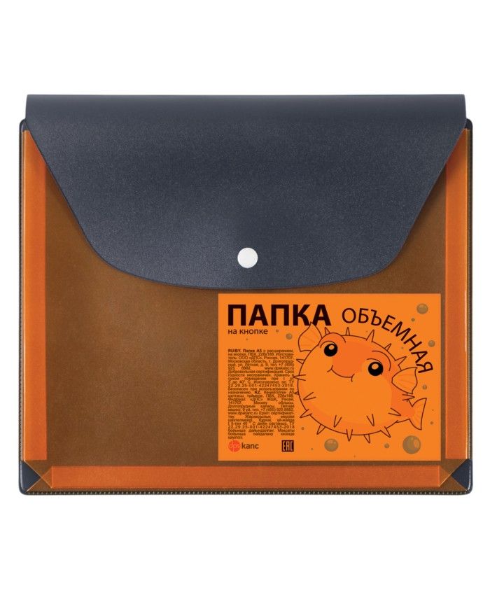 Конверт на кнопке 228*188мм, ПВХ, расширение до 2,5см (250 л),т.синий/пр.оранжевый