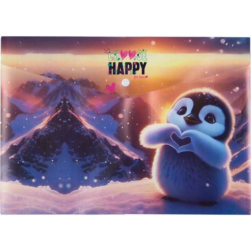 Конверт на кнопке  с рисунком А4 Happy Pinguin, 0,18мм, непрозрачная