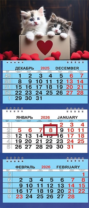 Календарь Трио Малый  200*470мм на 2026г. Два котёнка