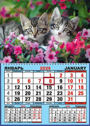 Календарь настенный  310*420мм на 2026г.  ОДНОБЛОЧНЫЙ с курсором и календ.сеткой "Два котёнка"
