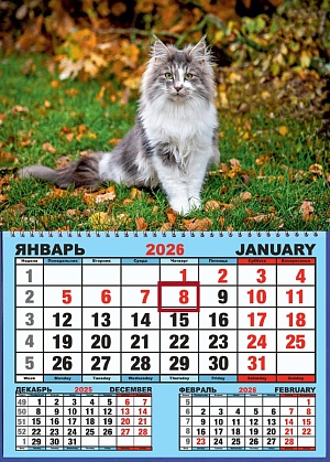 Календарь настенный  310*420мм на 2026г.  ОДНОБЛОЧНЫЙ с курсором и календ.сеткой "Кошка. Осень"