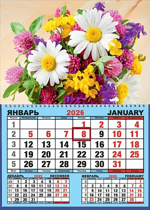Календарь настенный  310*420мм на 2026г.  ОДНОБЛОЧНЫЙ с курсором и календ.сеткой "Букет с ромашками"