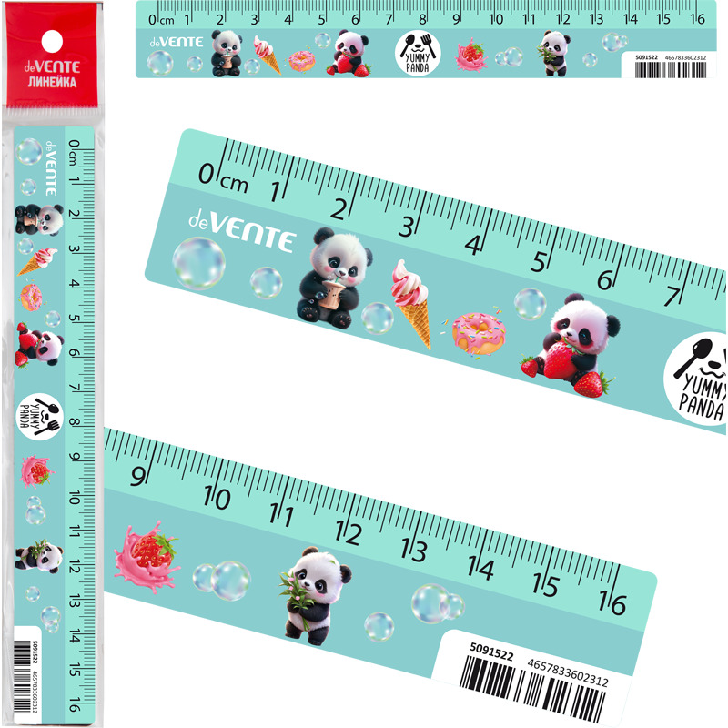 Линейка 16 см пластик. Yummy Panda , с цветным стикером