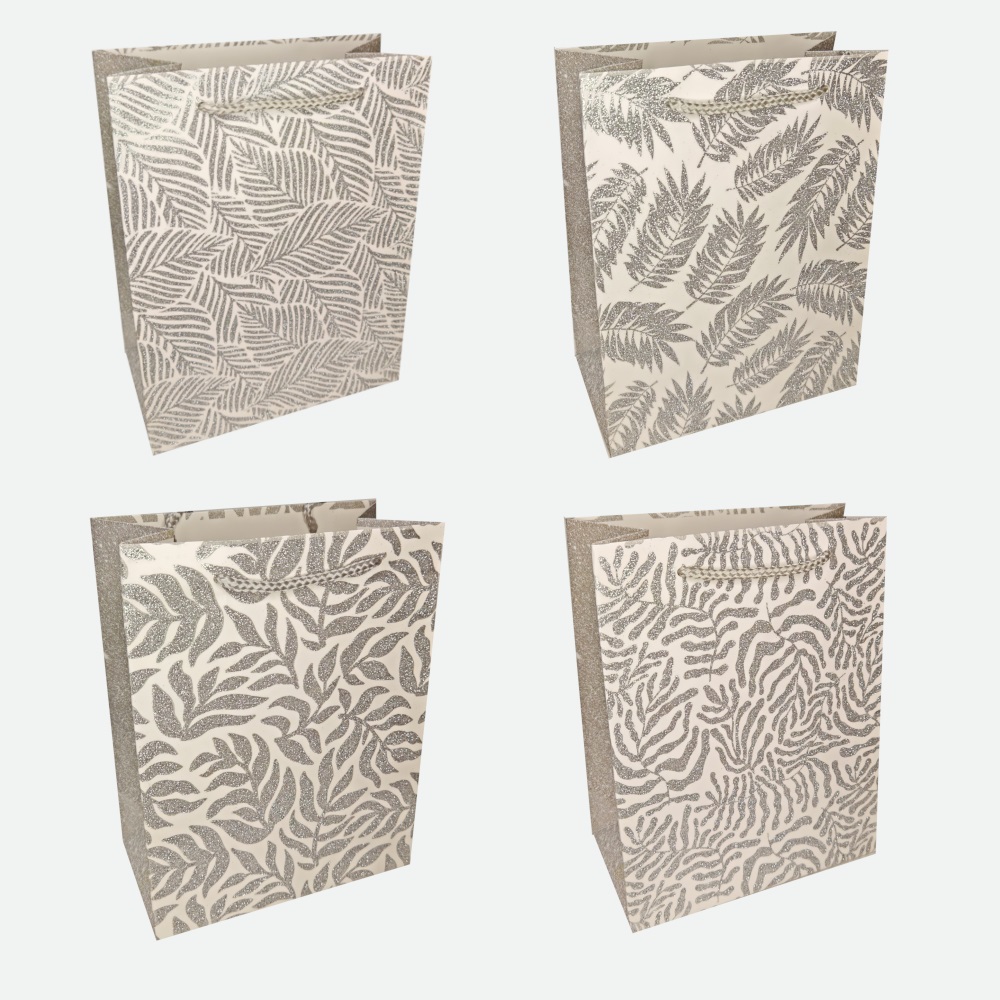 Пакет подар. бумажн. 31*42*12 см 210 гр/м2 Листья серебро, 4 дизайна