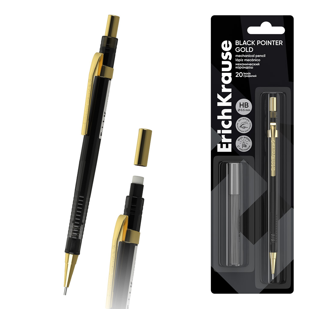 Набор из 1 механического карандаша ErichKrause Black Pointer Gold и 20 грифелей 0.5 мм, HB (в блистере)