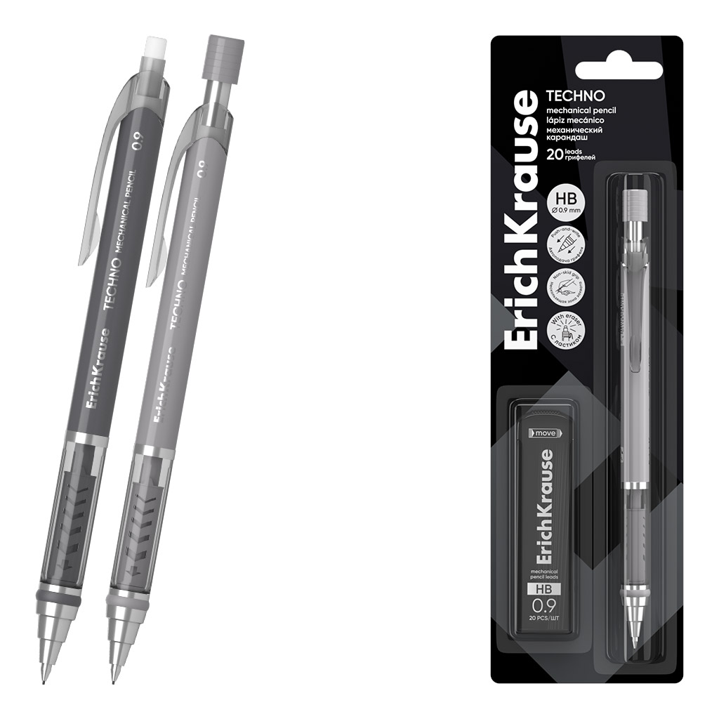 Набор из 1 механического карандаша ErichKrause Techno, с автоматической подачей грифеля, и 20 грифелей 0.9 мм, HB (в блистере)