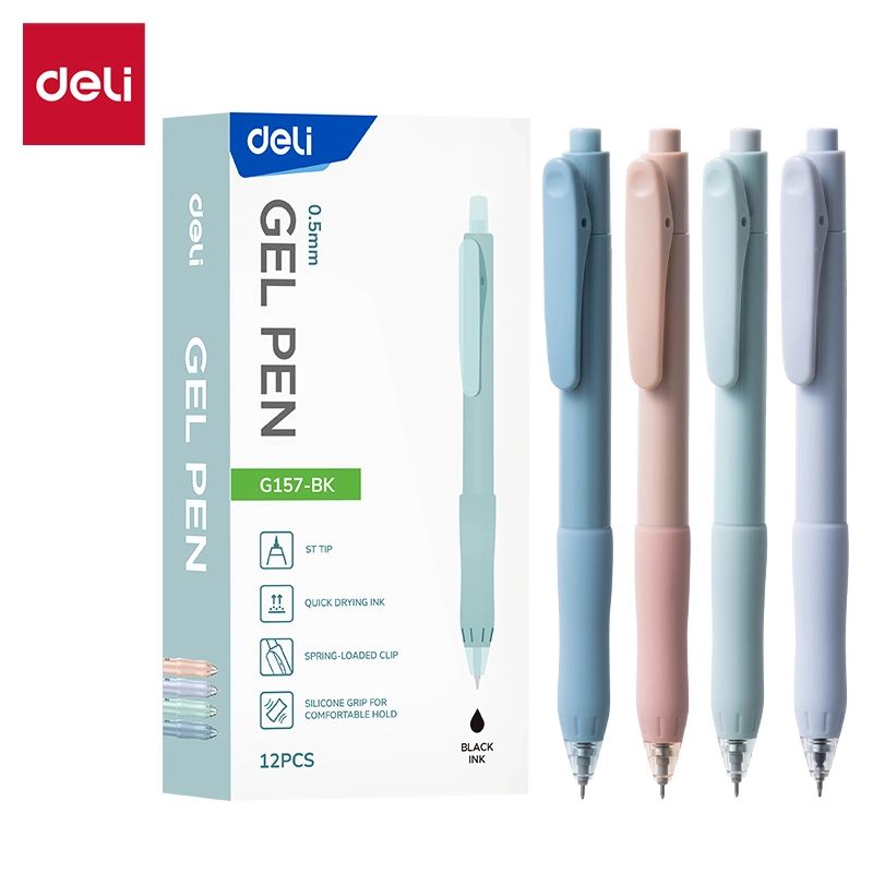 Ручка гелевая Deli автомат 0,5мм черная, резиновая манжета, корп. ассорти