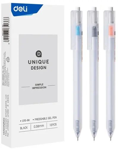 Ручка гелевая  Deli автомат черная, 0,38мм, рез.манжета, игольчатый након.,  корпус ассорти