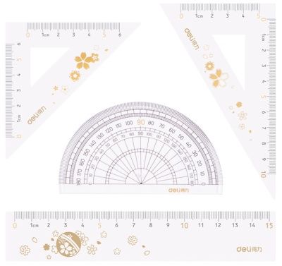 Набор геометрический Deli Sakura (2треуг., 15см лин., трансп.), прозр., на молнии