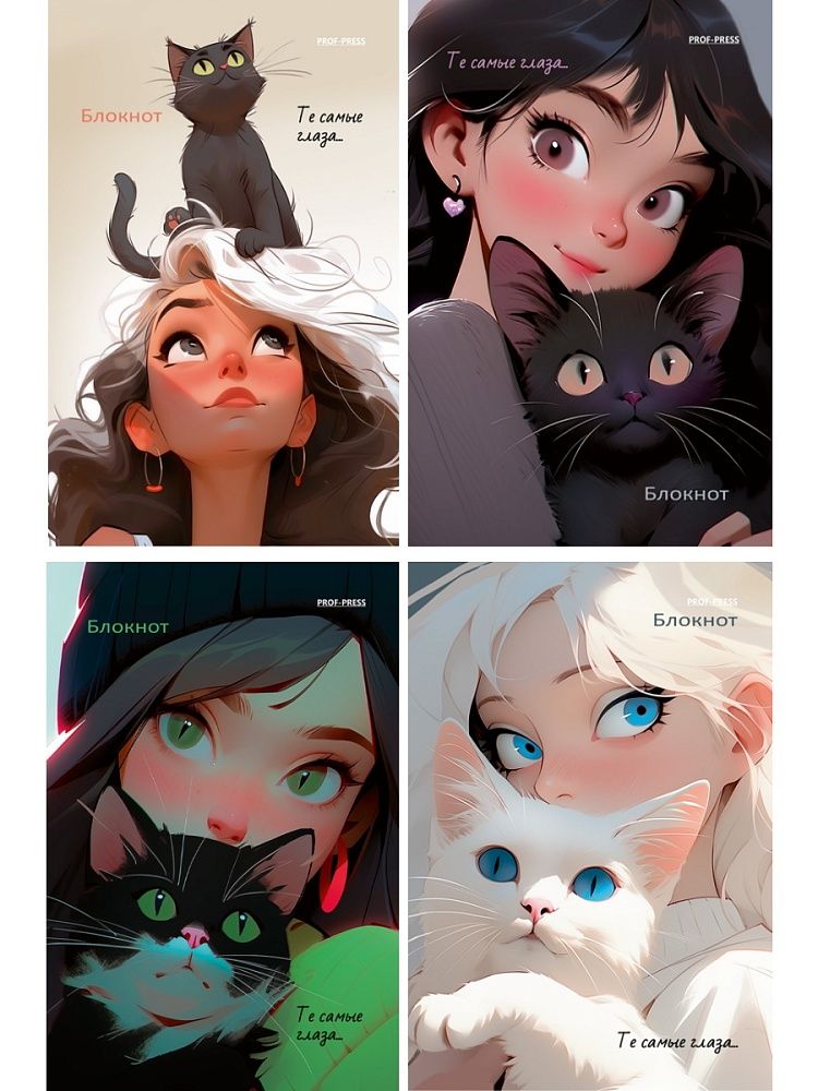 Блокнот А6  24л скоба "Девушка и коты - 2" клетка