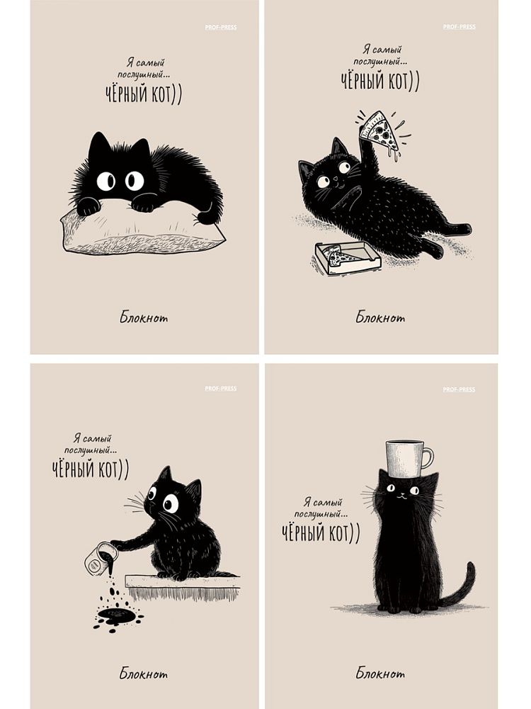 Блокнот А6  24л скоба "Послушный черный кот - 1" клетка