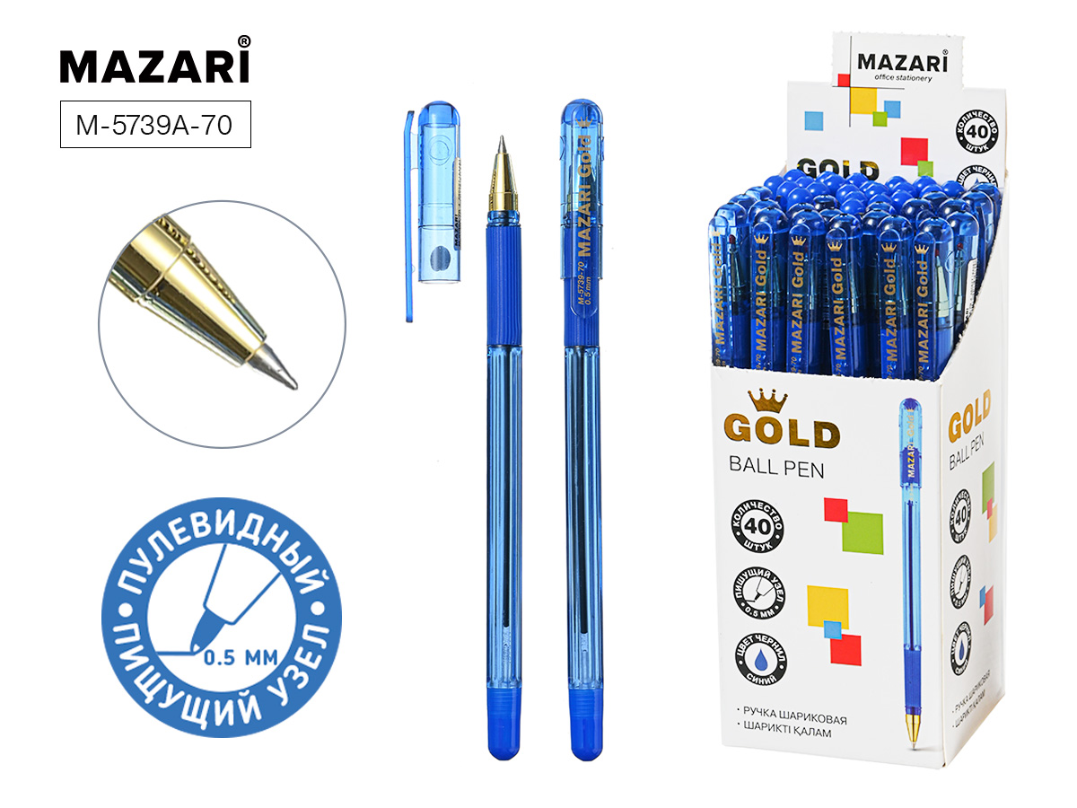 Ручка шар. MAZARI "Gold" синяя, пулевидн.након., 0,5мм, смен.стерж. 140мм