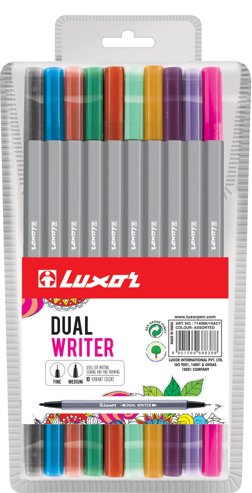 Набор капиллярных ручек LUXOR "DUAL WRITER" 10цв., двухсторонний, европодвес