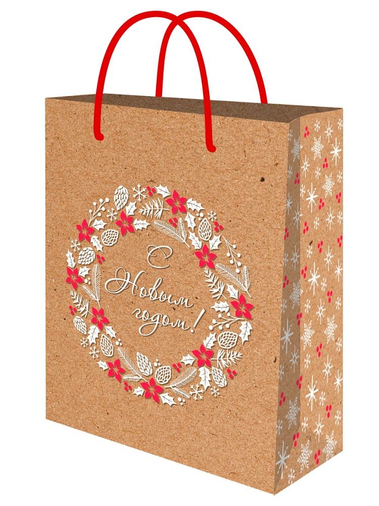 Пакет подар. бум. новогодн. 18*23*10см, 130 гр/м "Новогодний венок"