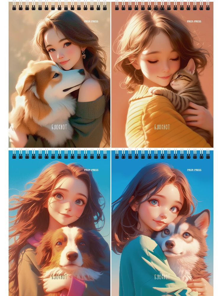 Блокнот А6  40л гребень "Девушки и питомцы - 2" клетка