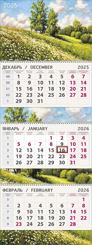 Цветущий луг 2026 Квартальный трехблочный календарь