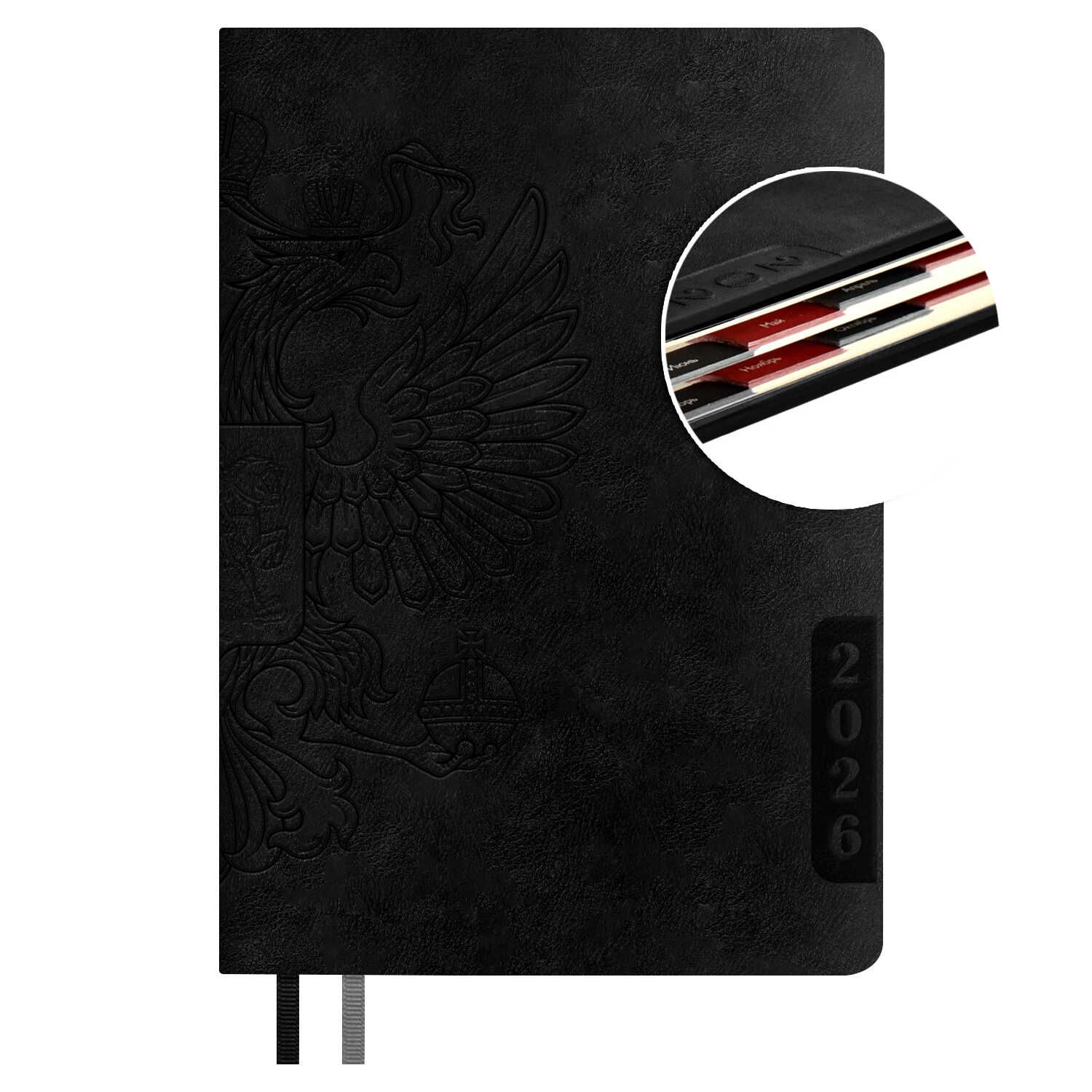 Ежедневник дат. 2026г А5 176л., кожзам, тв.пер. "Наппа черный" блинт.тисн., вырубка, лясс