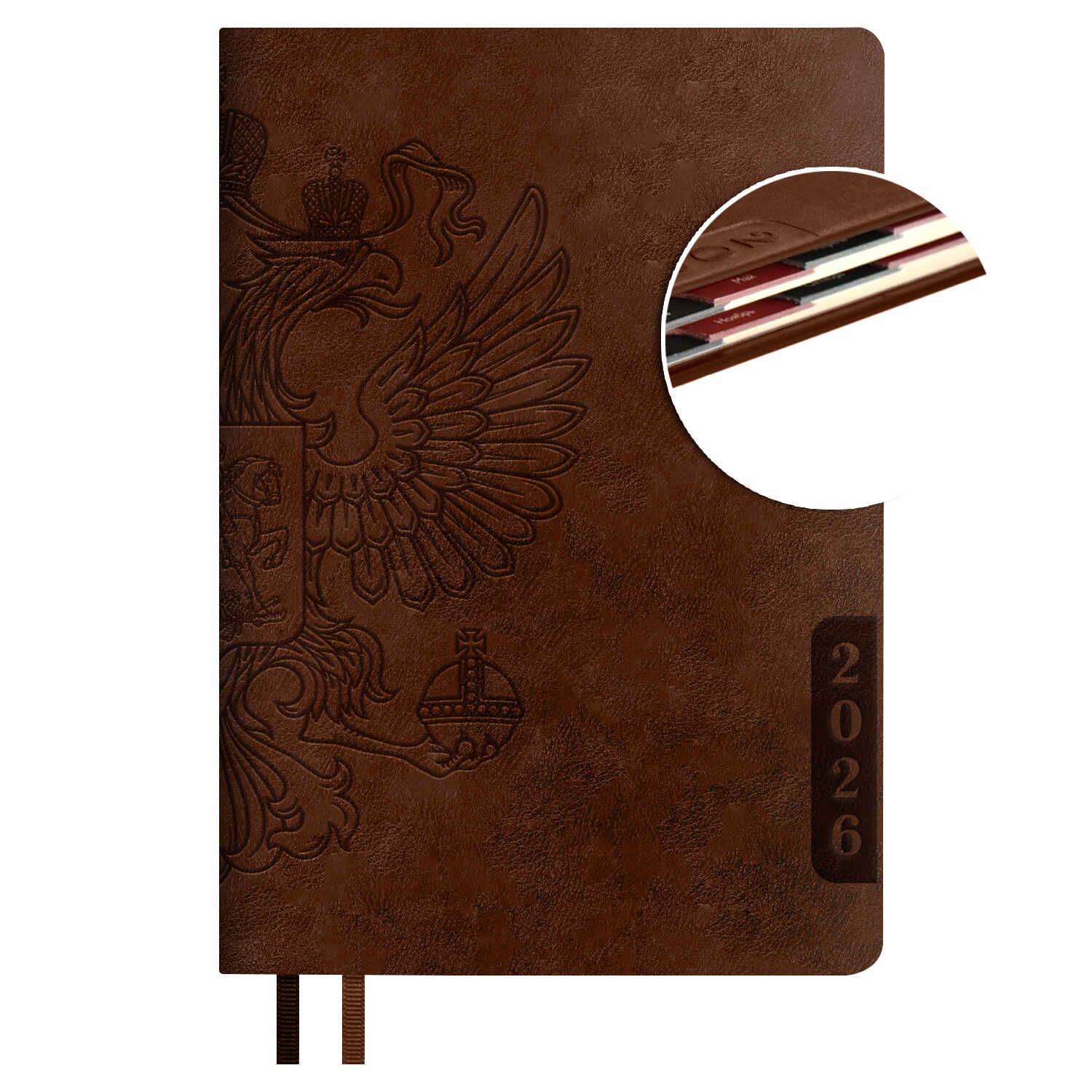 Ежедневник дат. 2026г А5 176л., кожзам, тв.пер. "Наппа коричневый" блинт.тисн., вырубка, лясс