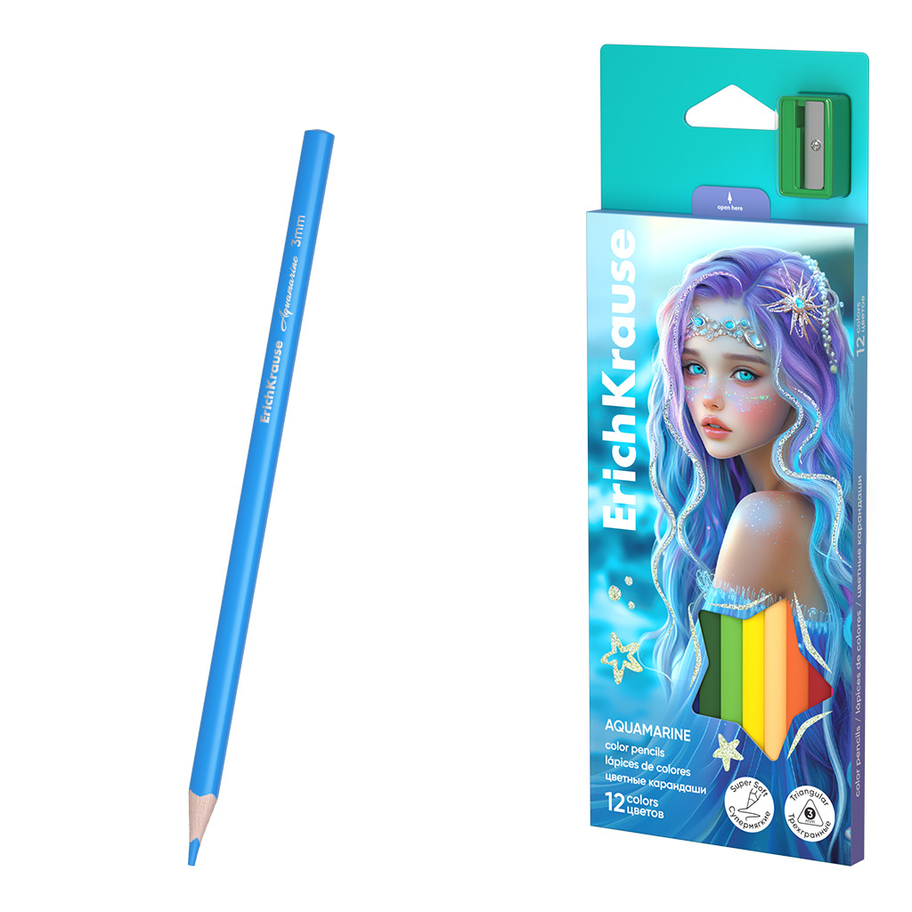 Карандаши цвет. 12цв  Erich Krause Aquamarine, трехгранные, с точилкой