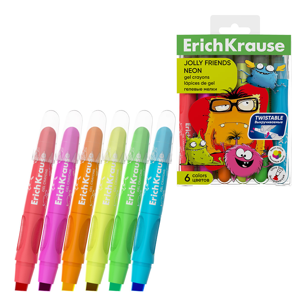 Гелевые мелки ErichKrause Jolly Friends Neon, 6 цветов (в ПЭТ-боксе с европодвесом 6 шт)