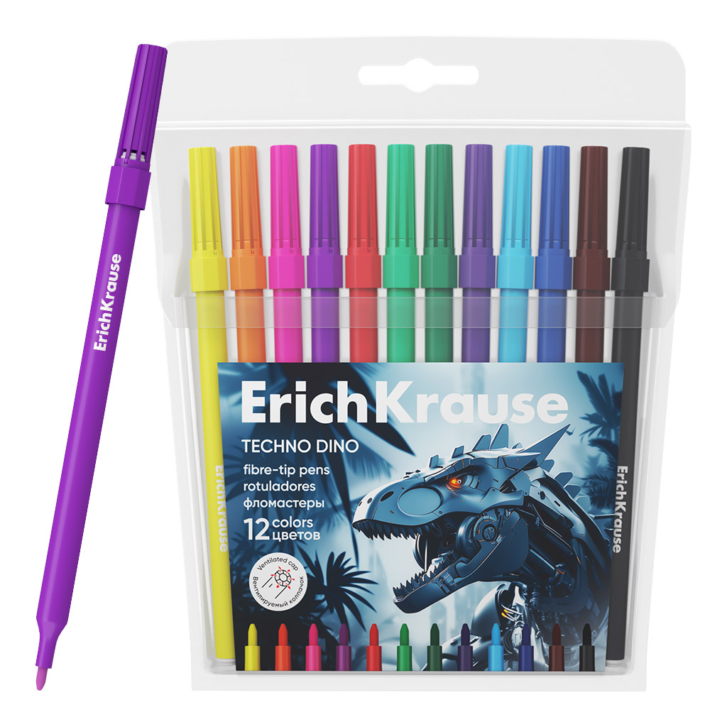 Фломастеры  12цв "Erich Krause. Techno Dino", вент.колпачок, блистер
