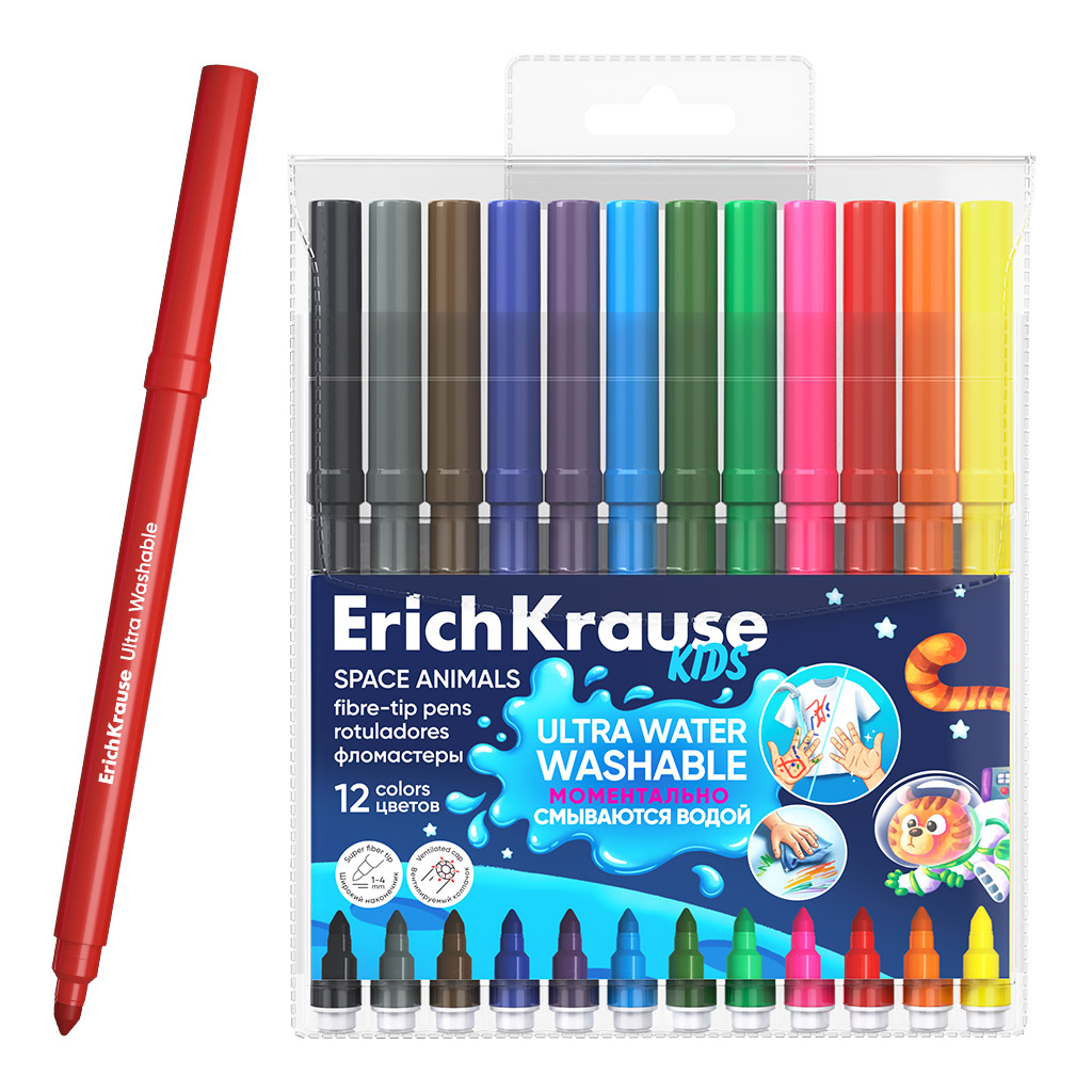 Фломастеры ErichKrause Kids Space Animals Super Tip Ultra Washable 12 цветов (в футляре с европодвесом 12 шт)