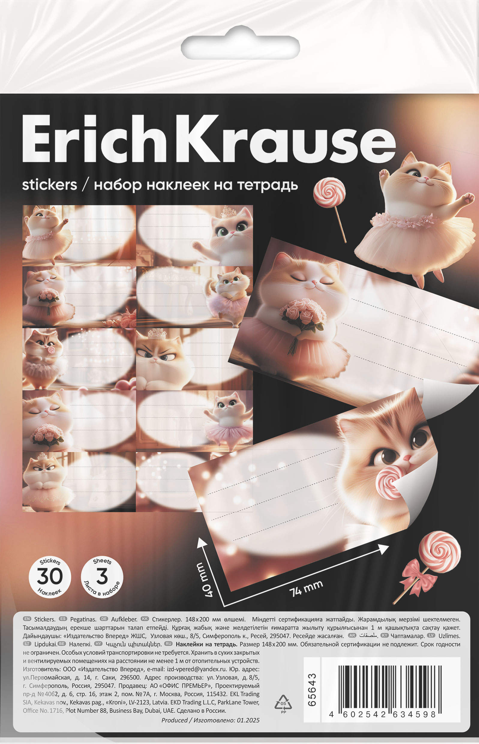 Наклейки на тетрадь ErichKrause Prima Cat, 3 листа, в пакете с европодвесом