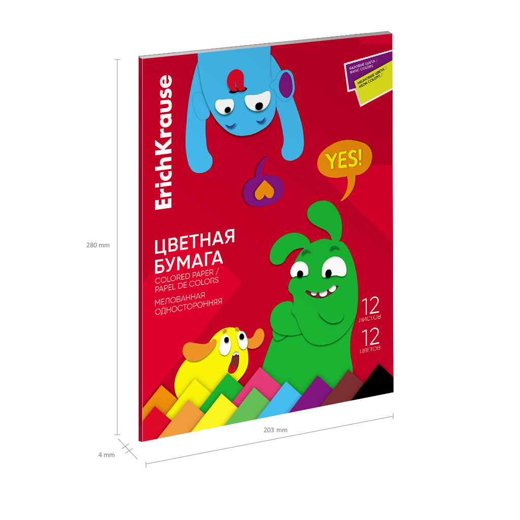Цветная бумага мелованная односторонняя в папке ErichKrause, Jolly Friends А4, 12л., 12цв. (с флюор.) (школьно-письменные принадлежности)