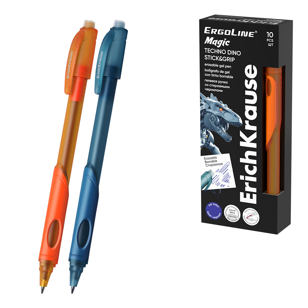 Ручка гелевая сo стираемыми чернилами ErichKrause ErgoLine® Magic Stick&Grip Techno Dino 0.5, цвет чернил синий (в коробке по 10 шт.)