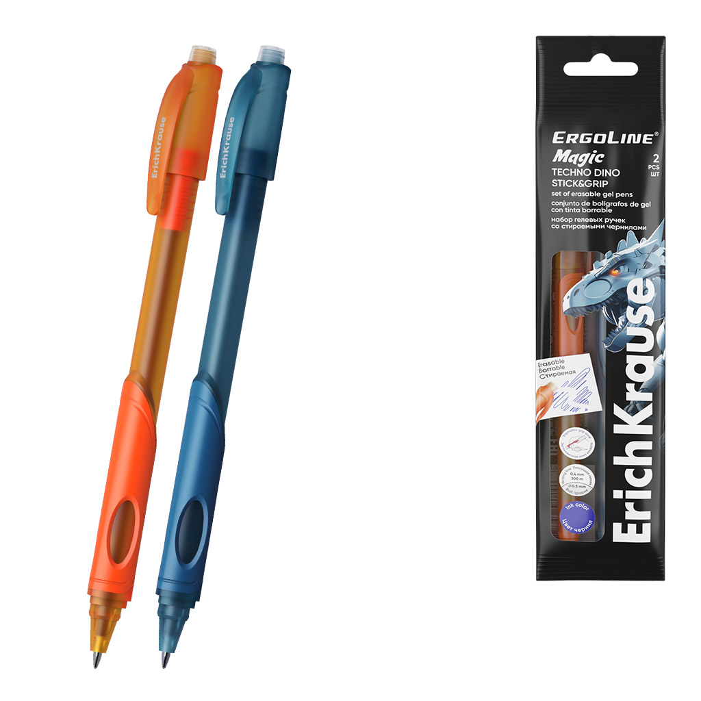 Набор из 2 ручек гелевых сo стираемыми чернилами ErichKrause ErgoLine® Magic Stick&Grip Techno Dino 0.5, цвет чернил синий (в пакете)