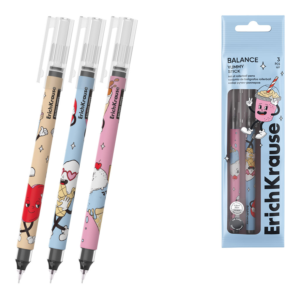 Набор из 3 ручек-роллеров ErichKrause Balance Stick Yummy 0.5, цвет чернил черный (в пакете)