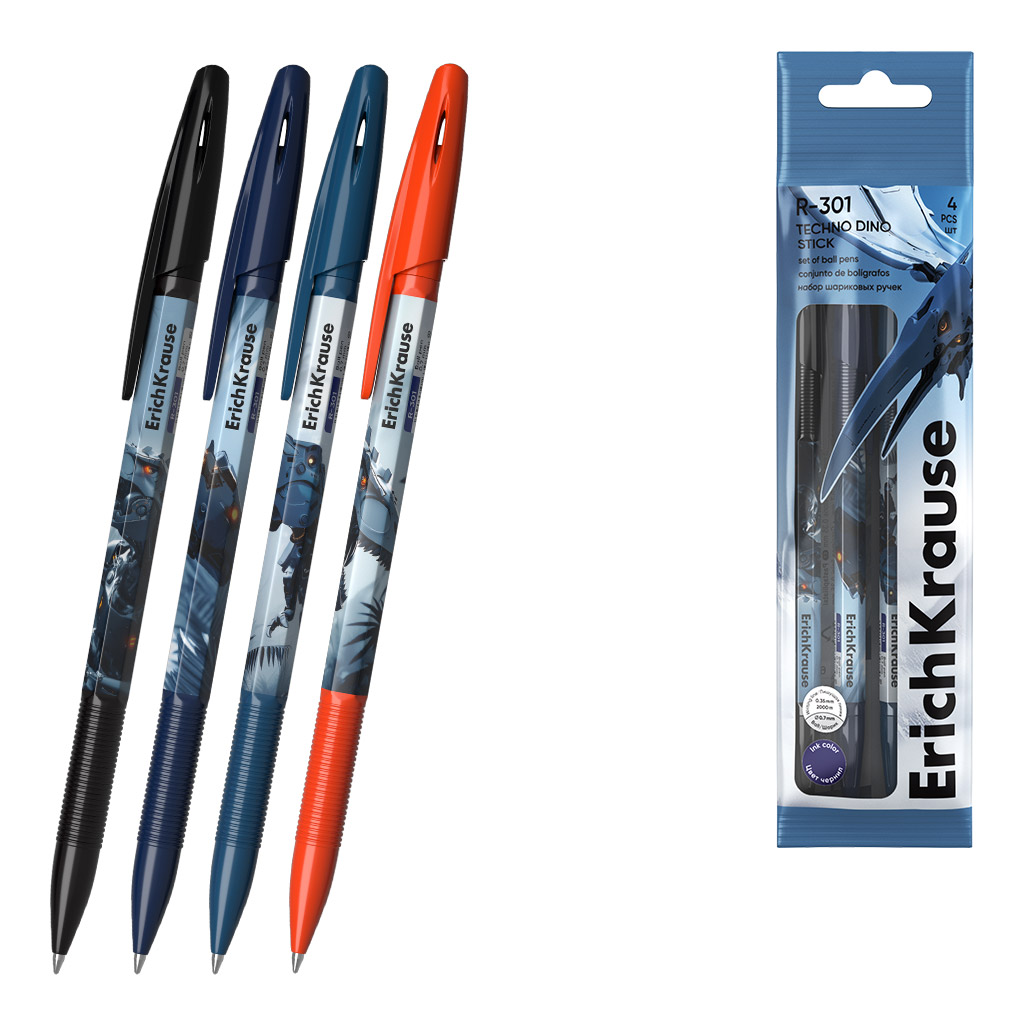 Набор из 4 ручек шариковых ErichKrause R-301 Техно Дино 0.7, цвет чернил синий (в пакете)