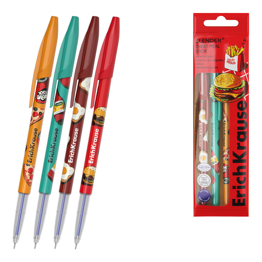 Набор из 4 ручек шариковых ErichKrause Slender® Культ еды 0.7, технология суперскольжения, цвет чернил синий (в пакете)