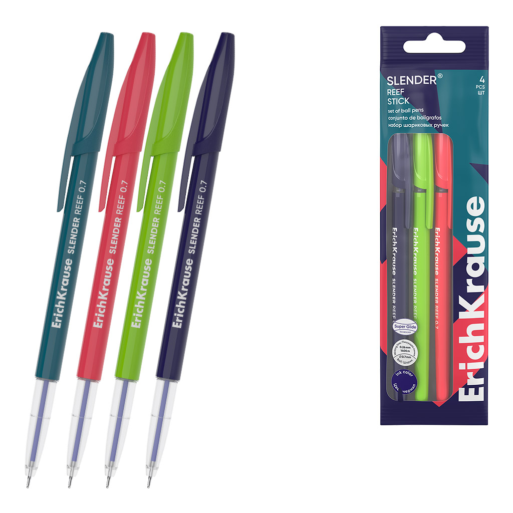 Набор из 4 ручек шариковых ErichKrause Slender® Риф 0.7, технология суперскольжения, цвет чернил синий (в пакете)