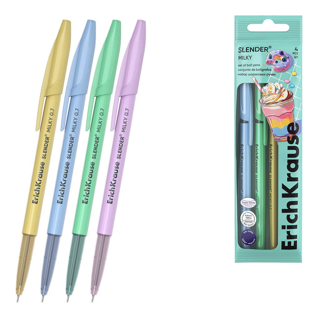 Набор из 4 ручек шариковых ErichKrause Slender® Сливки 0.7, технология суперскольжения, цвет чернил синий (в пакете)