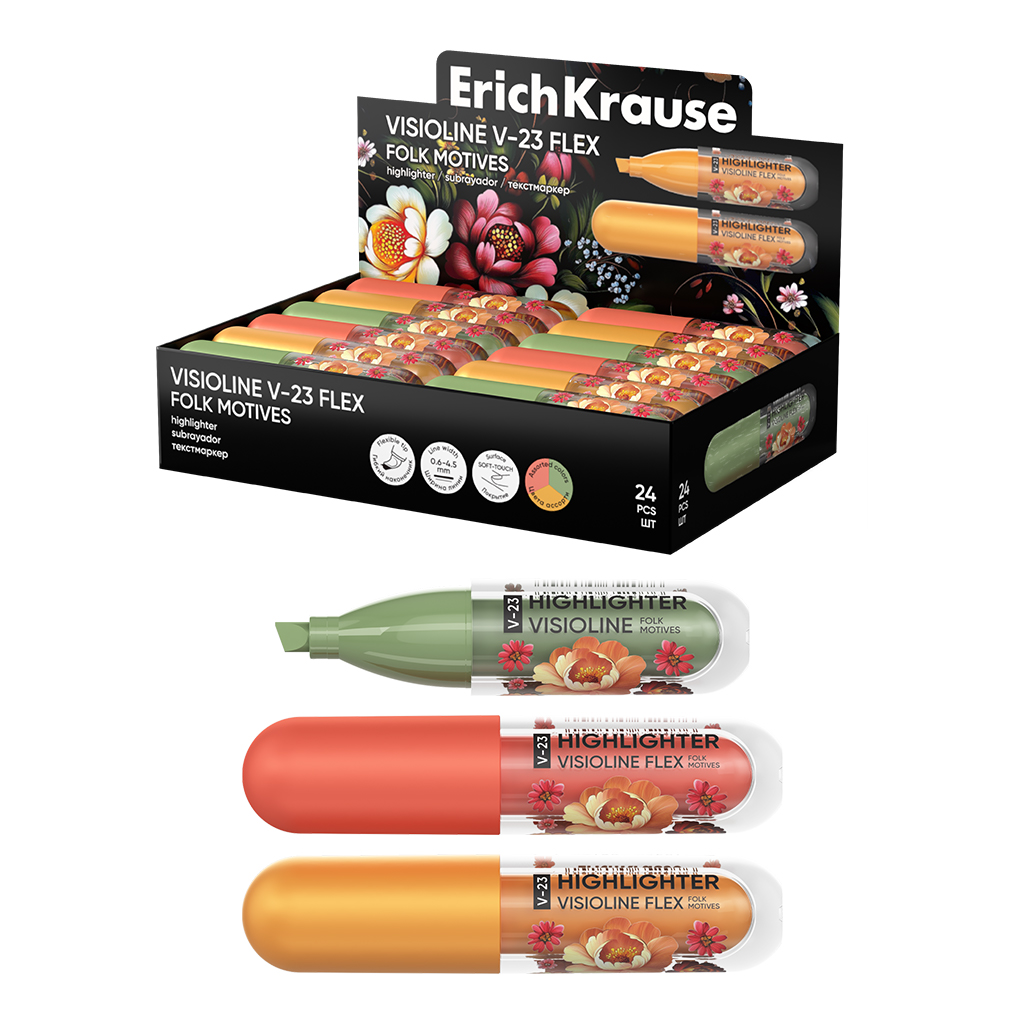 Текстмаркер ErichKrause Visioline V-23 Flex Folk Motives, с гибким наконечником, цвет чернил ассорти (в коробке-дисплее по 24 шт.)