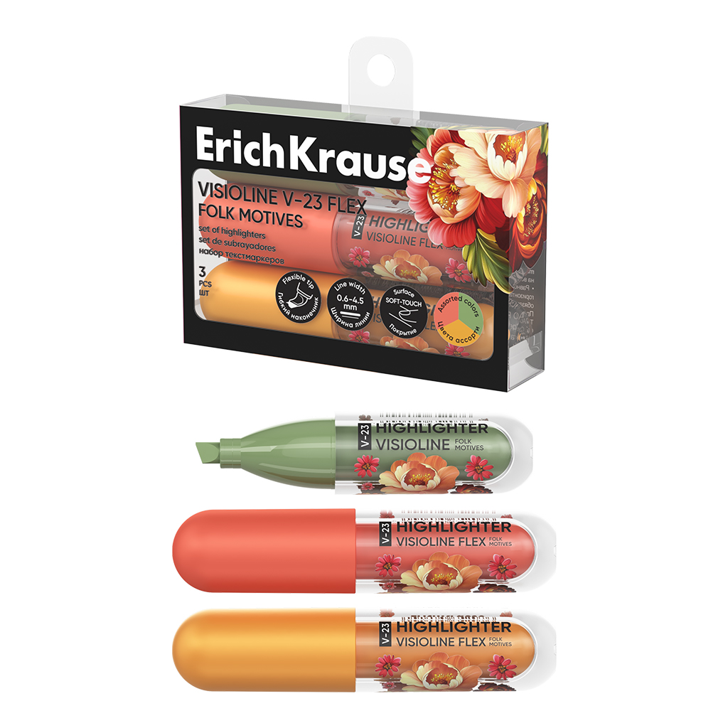 Набор из 3 текстмаркеров ErichKrause Visioline V-23 Flex Folk Motives, с гибким наконечником, цвет чернил ассорти (в пэт-боксе)