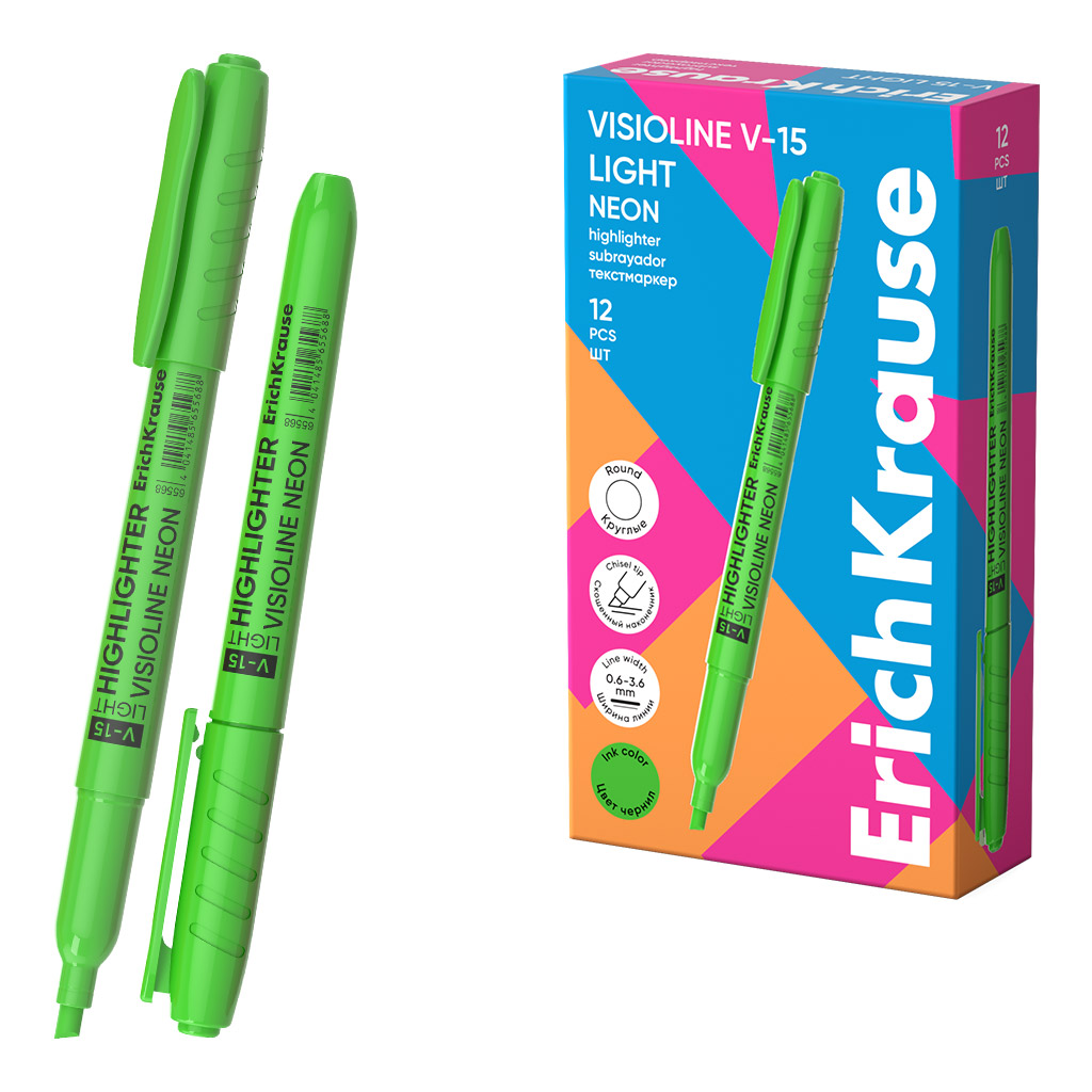 Текстмаркер ErichKrause Visioline V-15 Light Neon, цвет чернил зеленый (в коробке по 12 шт.)