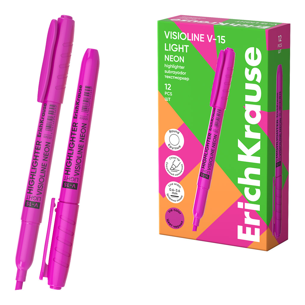 Текстмаркер ErichKrause Visioline V-15 Light Neon, цвет чернил розовый (в коробке по 12 шт.)